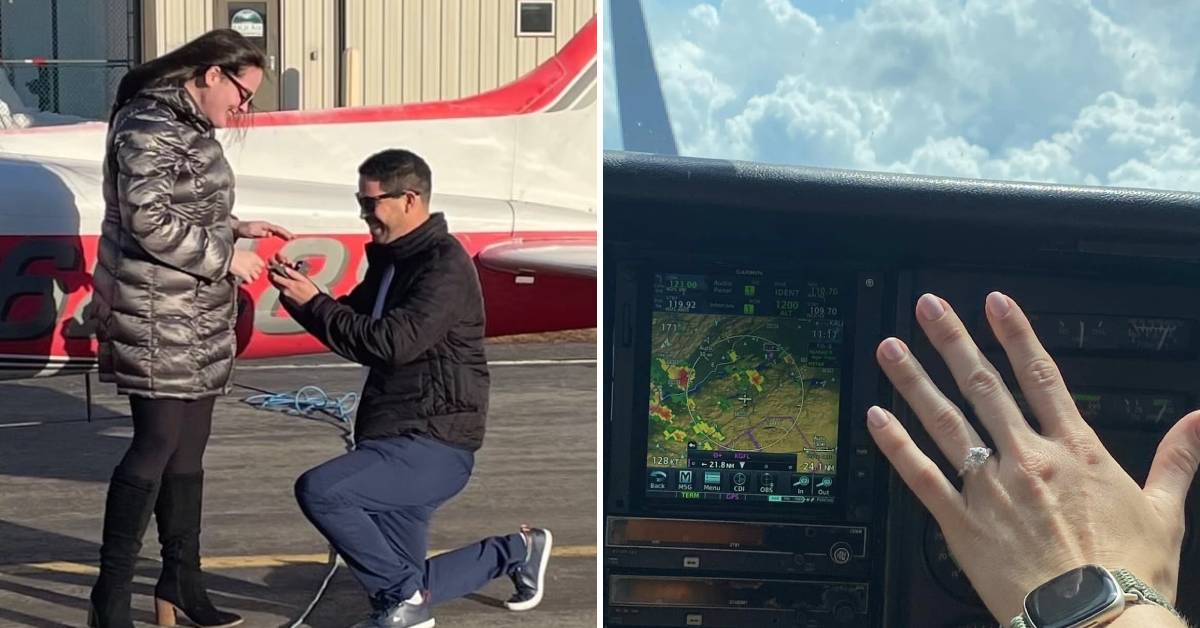 proposal in front of small plane, then hand with engagement ring while on plane