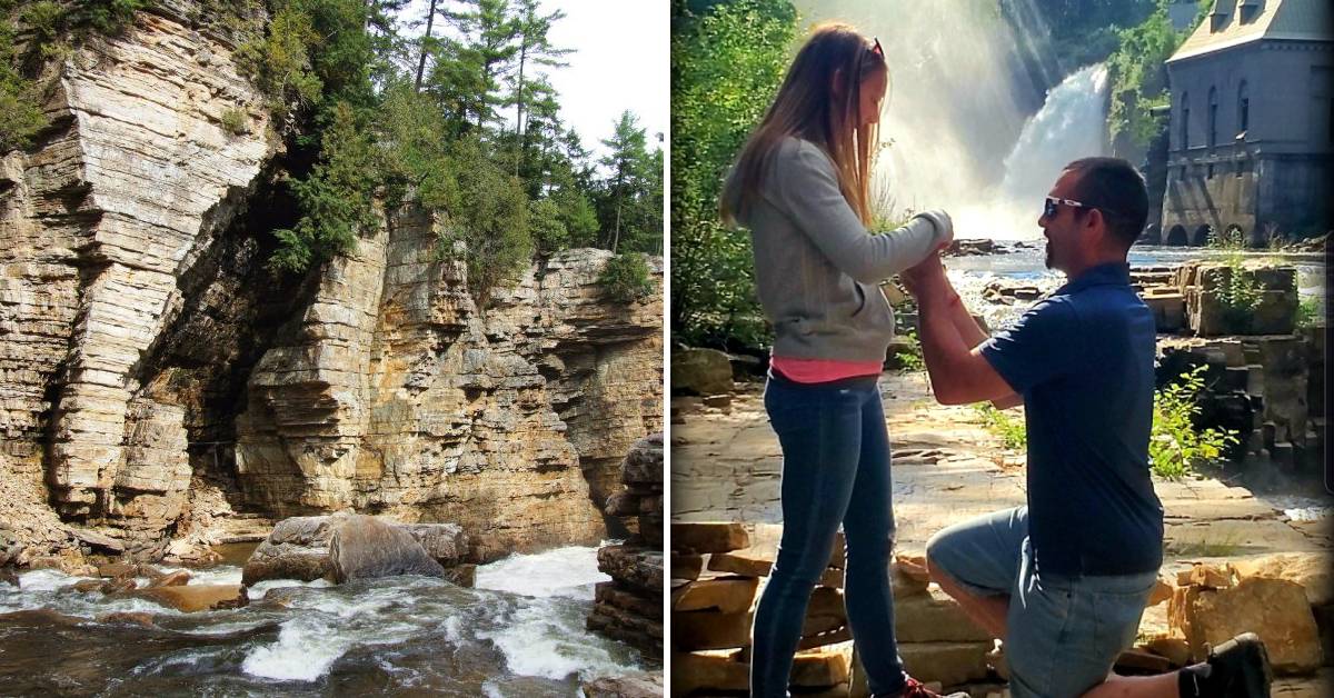 elephant's head at ausable chasm on left, guy proposing to girl on the right