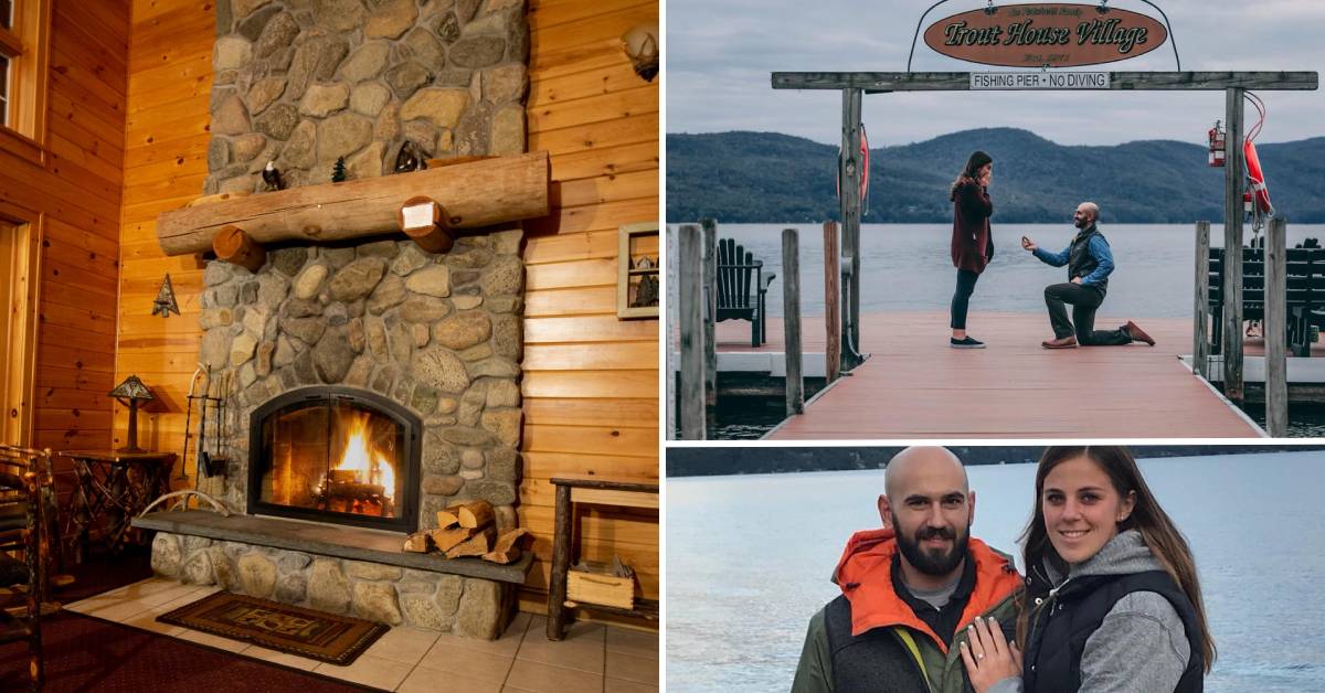 fire in fireplace in cabin on the left, couple proposal moment and posing on the right