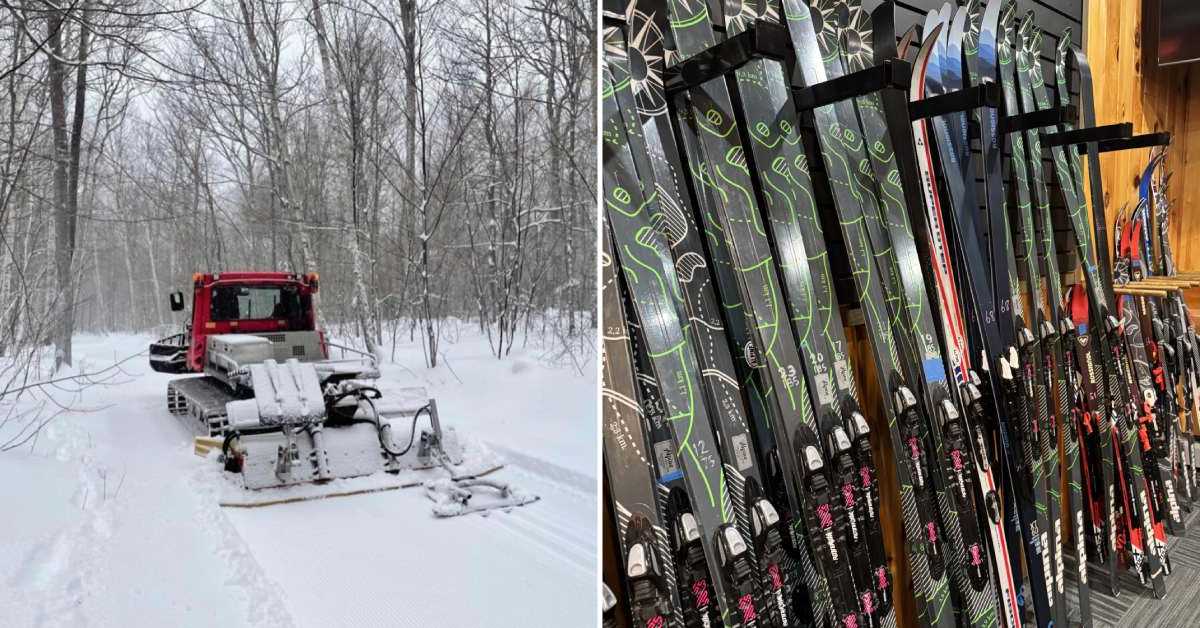 left image of snow groomer; right image of skis on display in a store