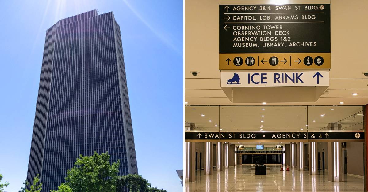 corning tower on left, sign for corning tower, etc., on right