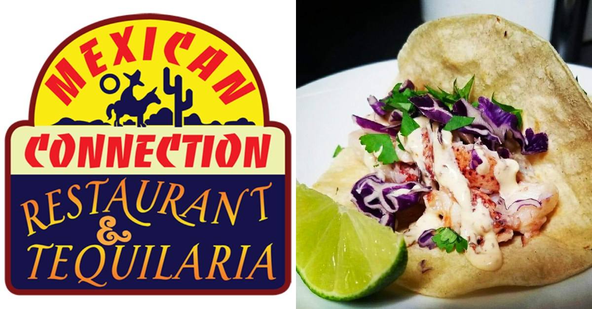 left image of Mexican Connection logo; right image of a lobster taco