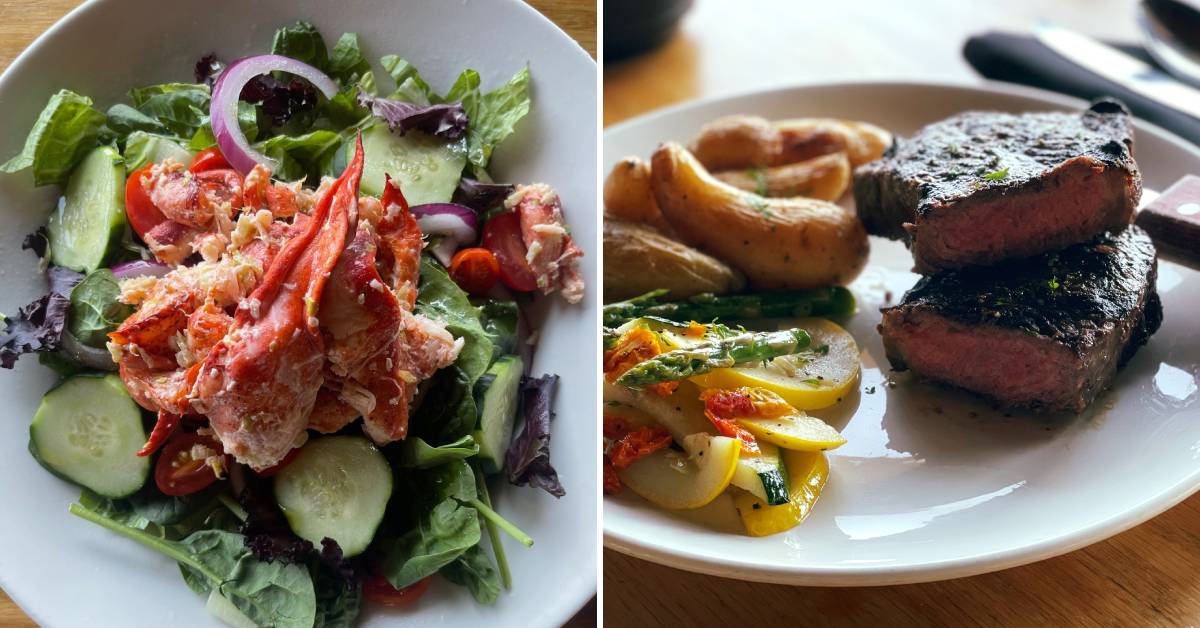 salad with lobster on the left, steak, vegetables, and fingerling potatoes on the right