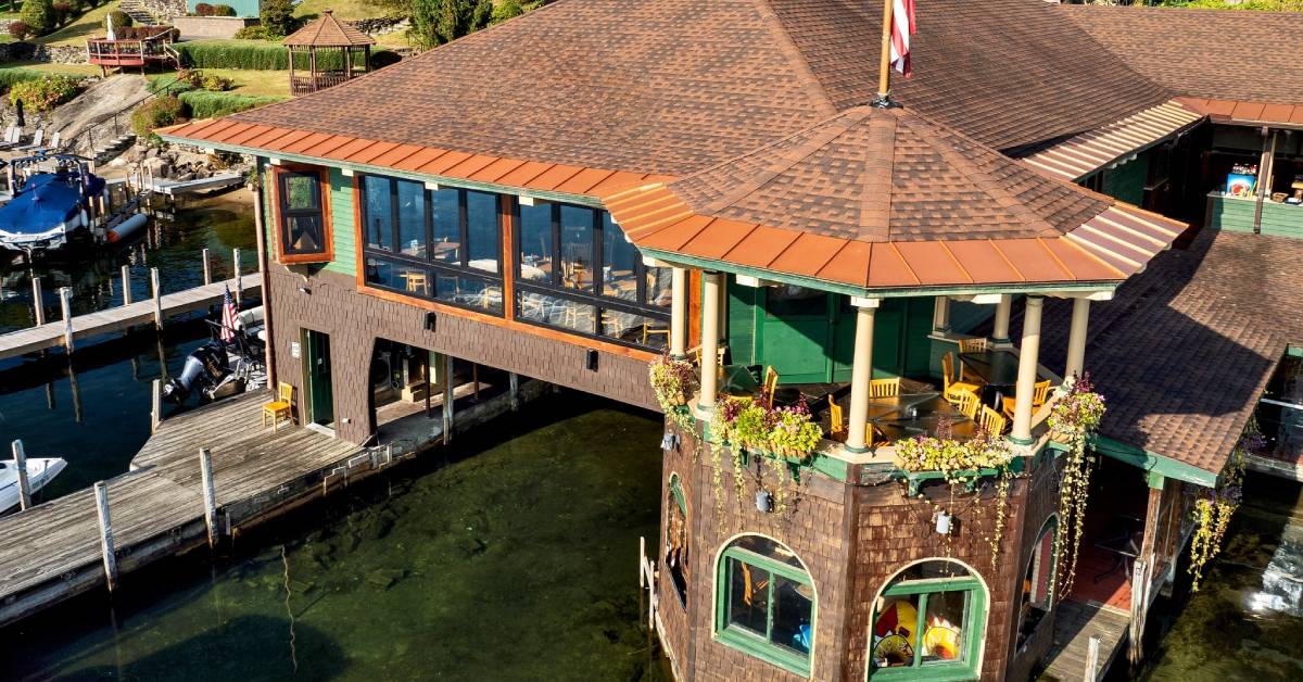 aerial view of boathouse restaurant on lake george