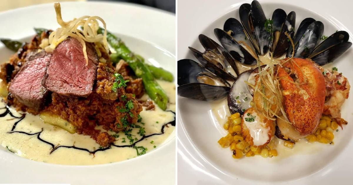 artfully plated dishes of meat and seafood