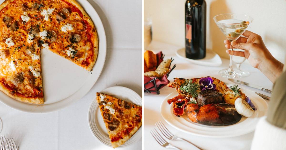 pizza and surf and turf dish at sagamore restaurants