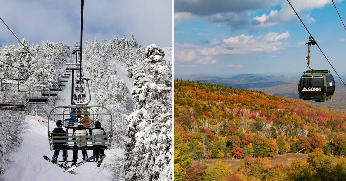 split image with ski lift in the winter on the left and gondola in the fall on the right