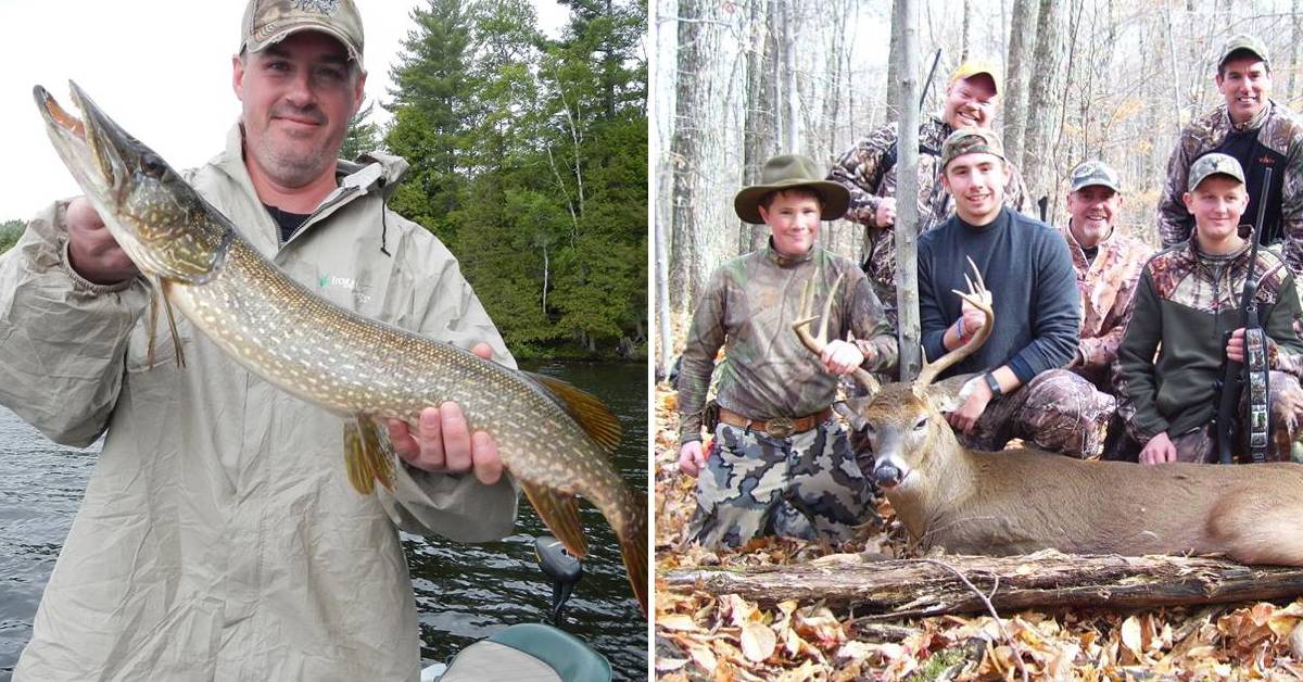 man holds up fish on left, group poses with dead deer on the right