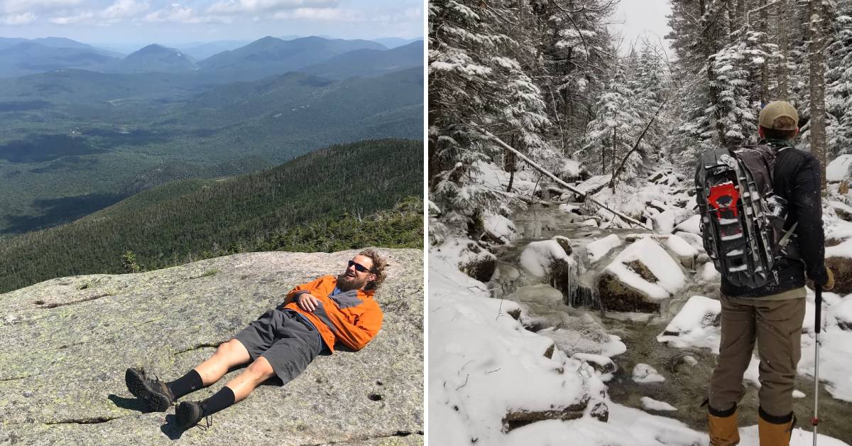 hiker in summer on the left, and in winter on the right