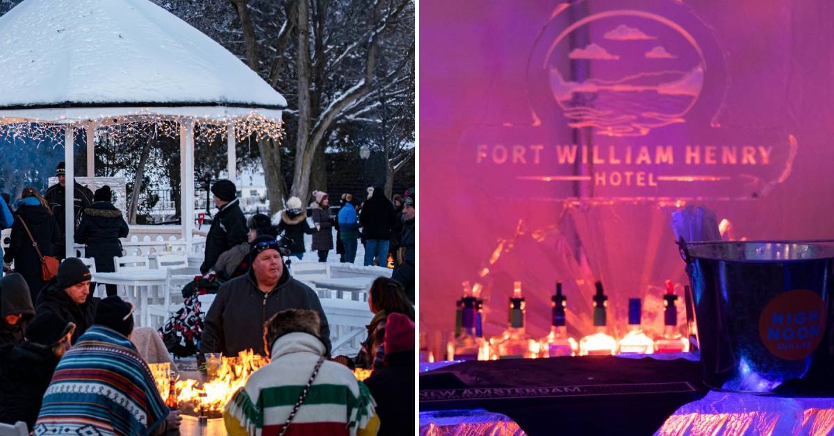 crowd at polar ice bar on the left, fort william  henry hotel liquor and ice bar on the right