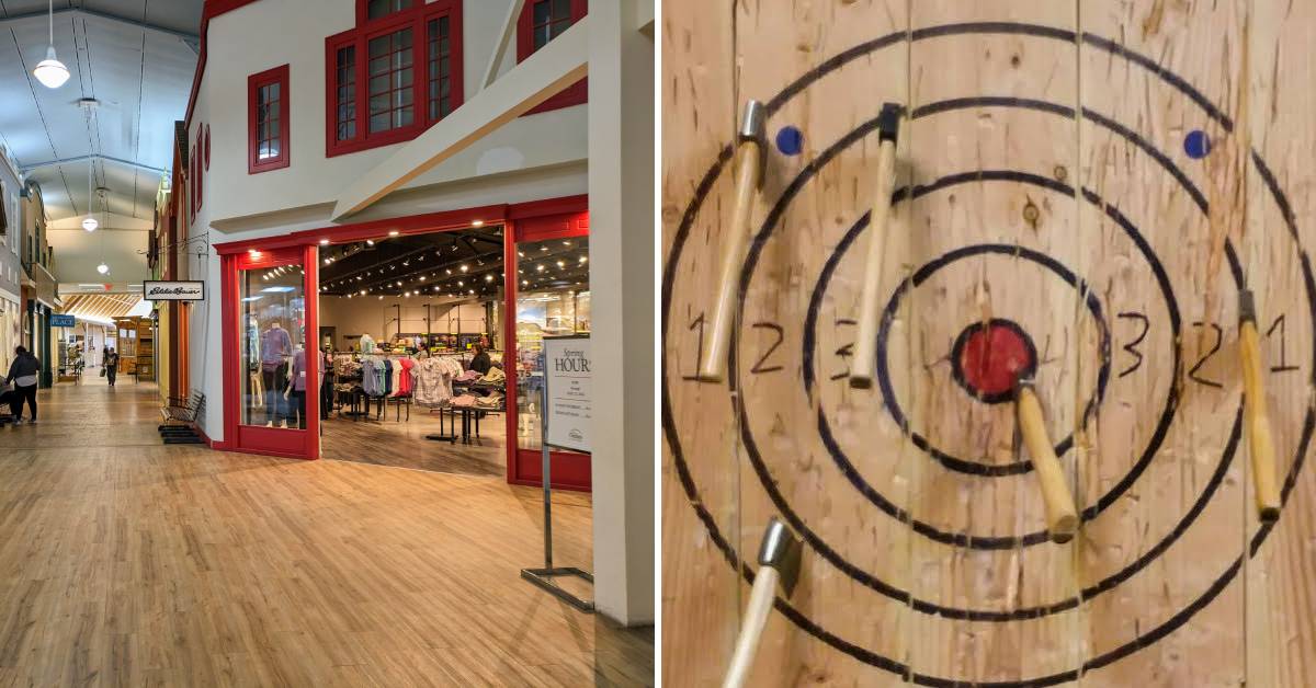 inside lake george outlets on the left, bullseye target for axe throwing on the right