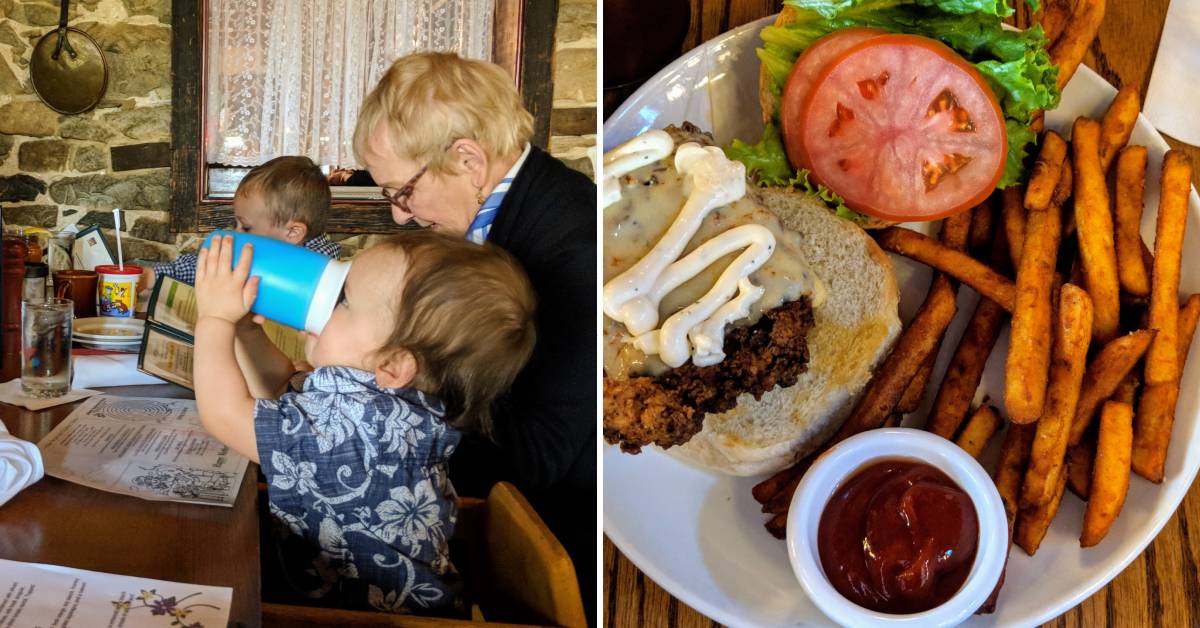 kids with grandma at restaurant on left, chicken burger with fries on the right