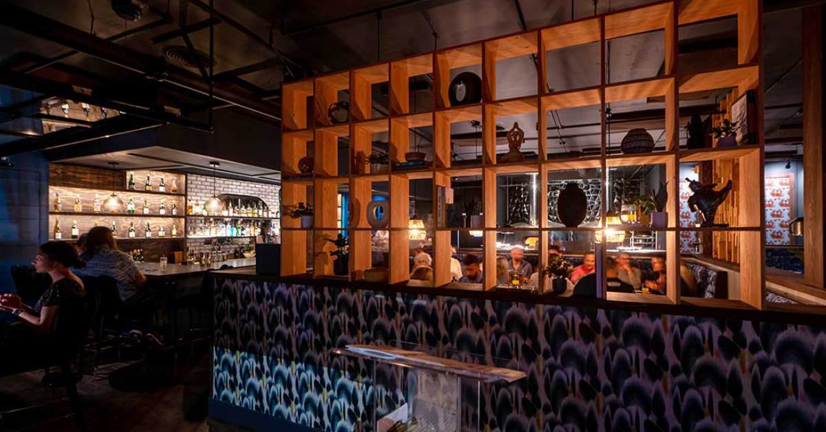 wooden shelf in dining area near bar in a restaurant