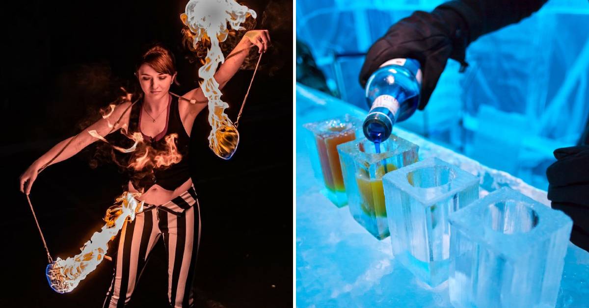 woman doing fire dance performance on the left, drink being poured in ice shot glass on right