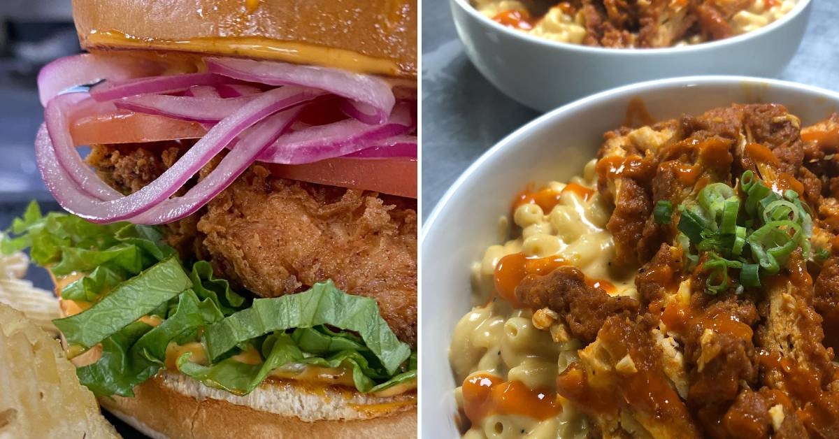 chicken sandwich on the left, buffalo mac and cheese on the right