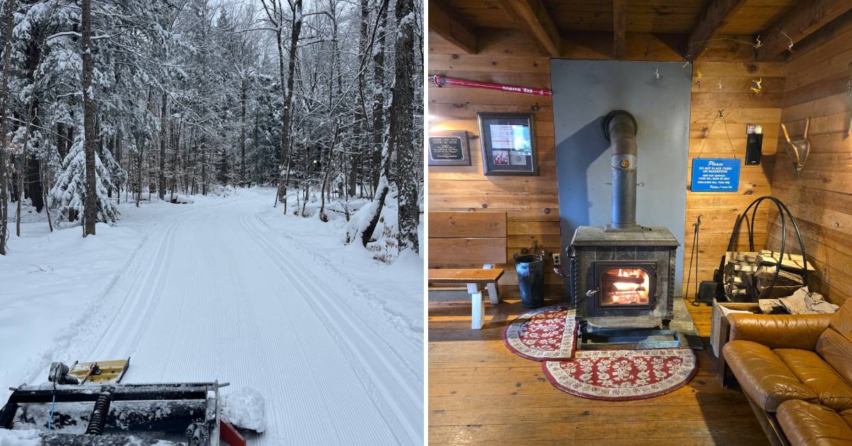 groomed cross country ski trails on the left, fire in fireplace in lodge on the right