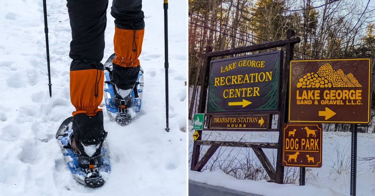 closeup of someone snowshoeing on the left, lake george recreation center signage on the right