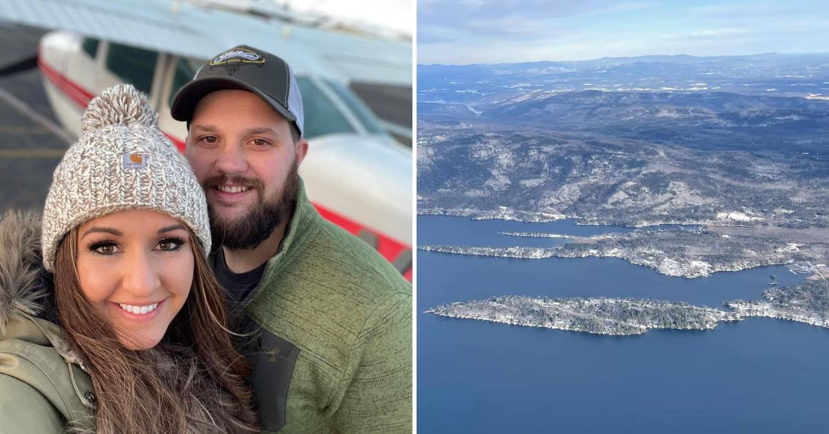 couple poses in front of helicopter on left, aerial view of lake george from helicopter in winter on the right