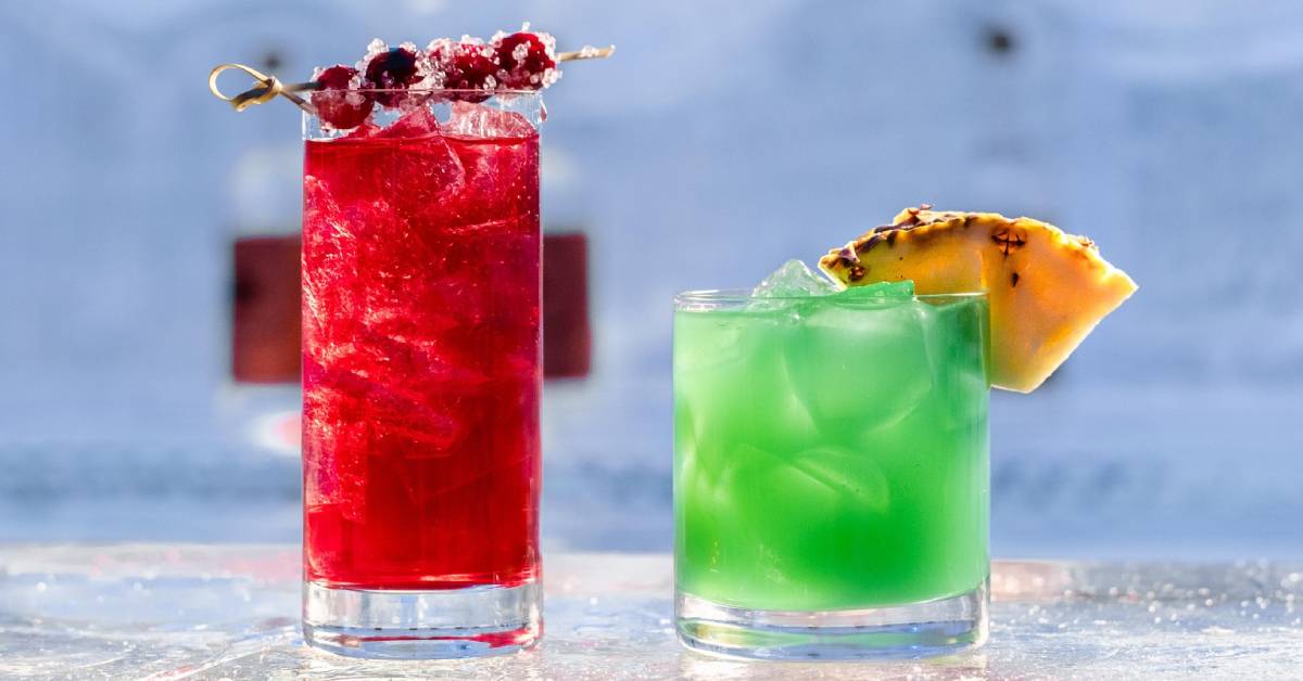 colorful cocktails on top of ice bar