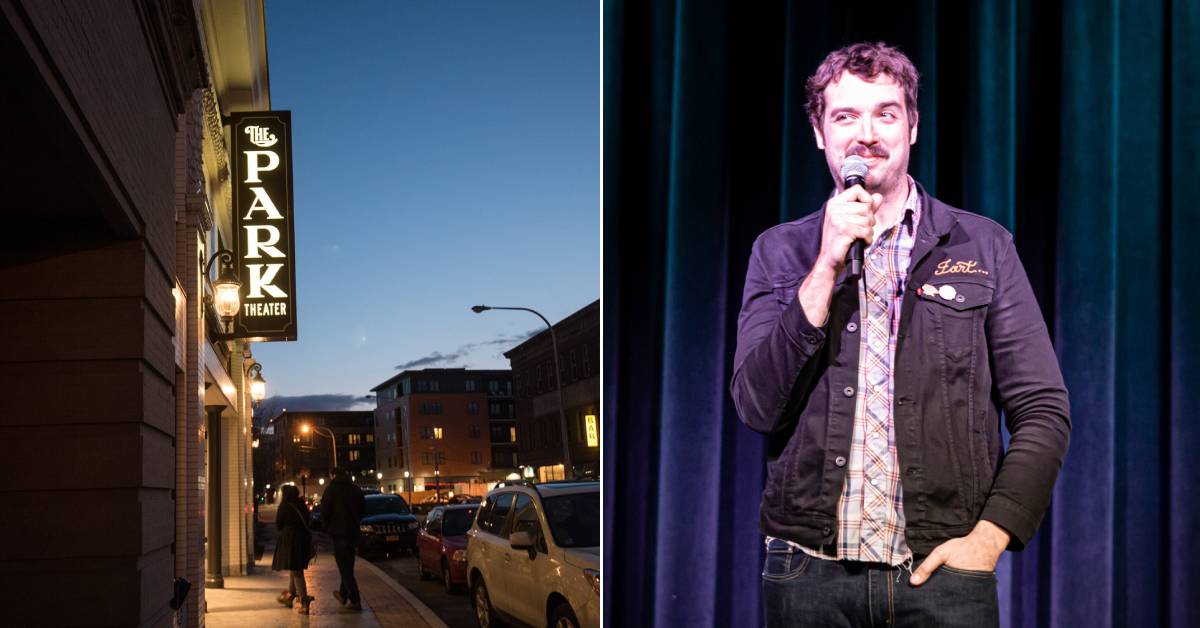 couple walking into park theater on the left, comedian with microphone on the right