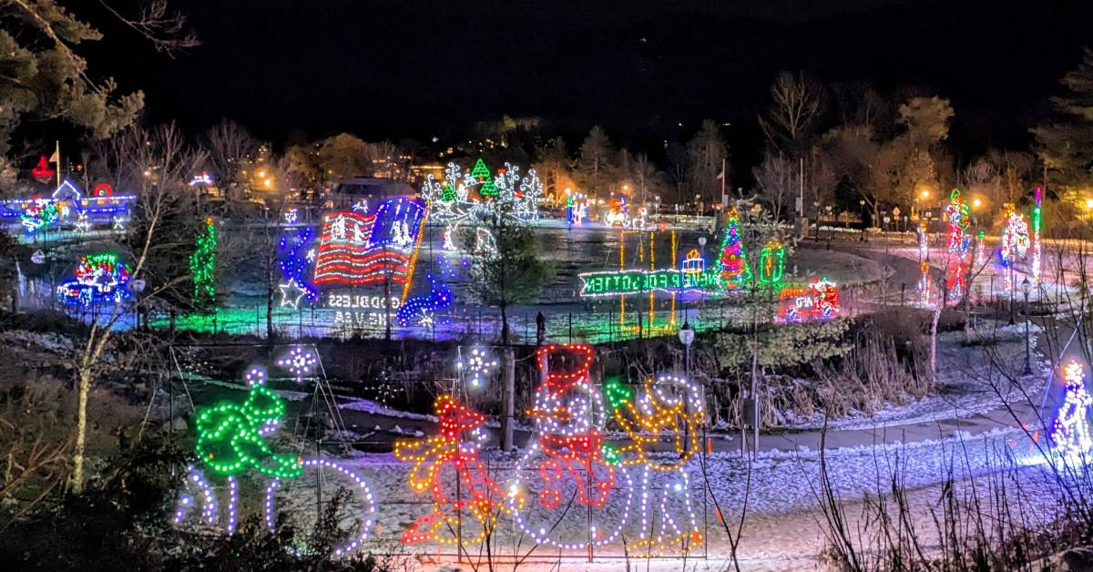 view of holiday lights in a park