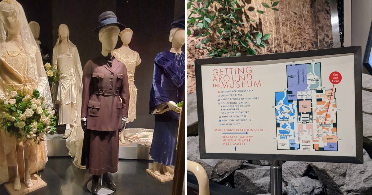 wedding exhibit on the left and map of new york state museum on sign on right