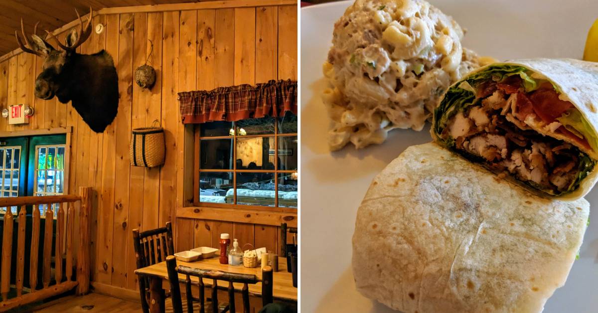 restaurant with moose head on wall, chicken wrap with pasta salad