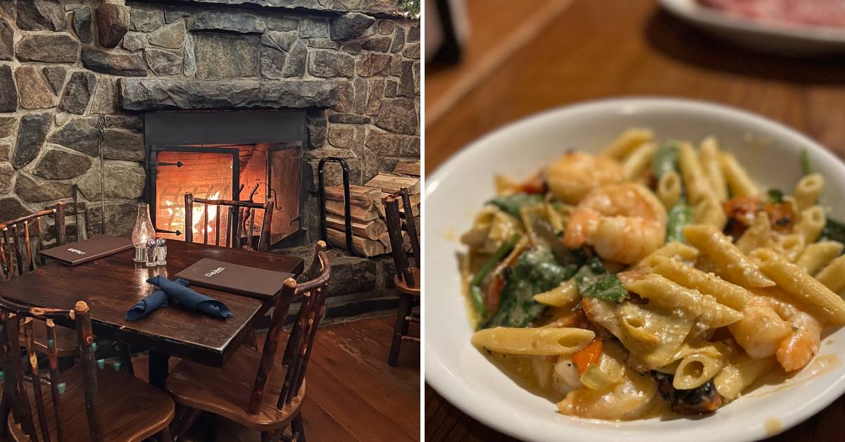 table seating by fire and pasta dish