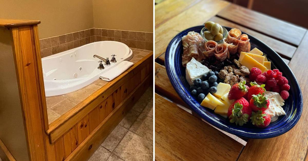 fern lodge bath tub and charcuterie plate