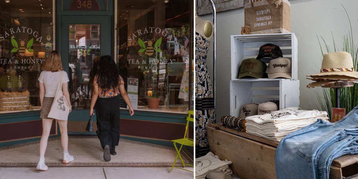 left image of two women walking into a tea store; right image of a clothes store display