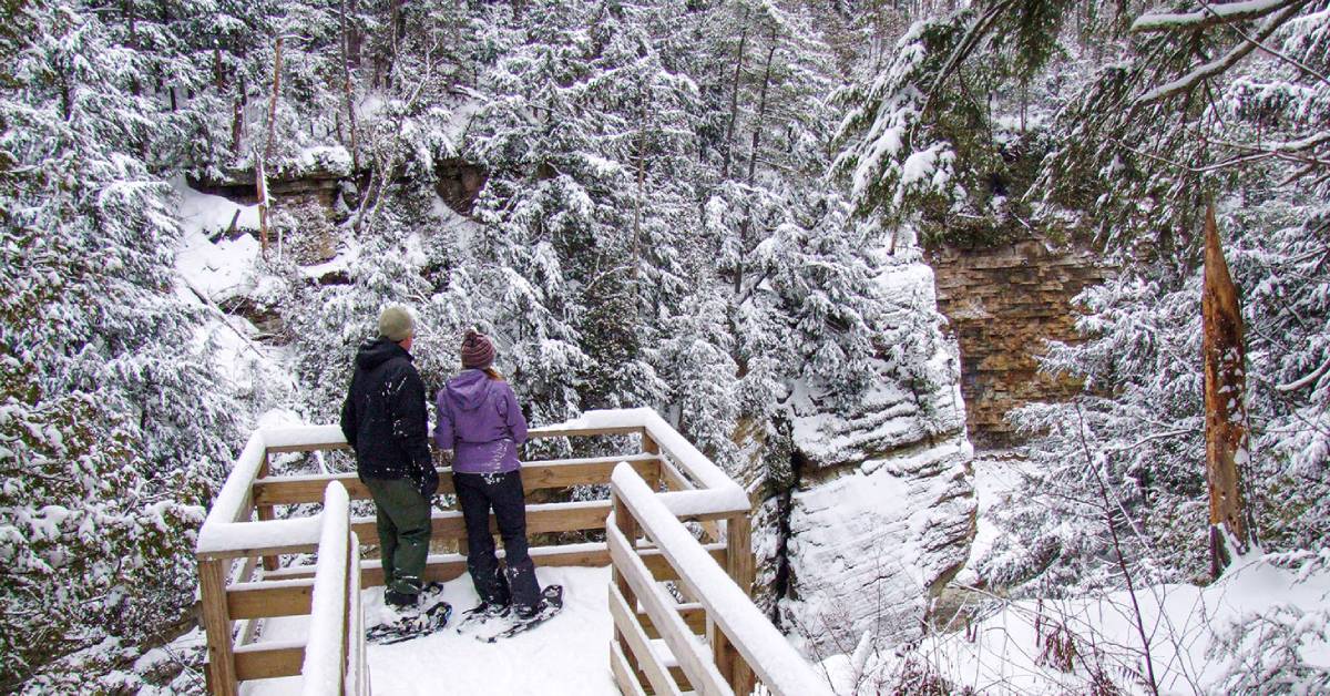 snowshoers at ausable chasm