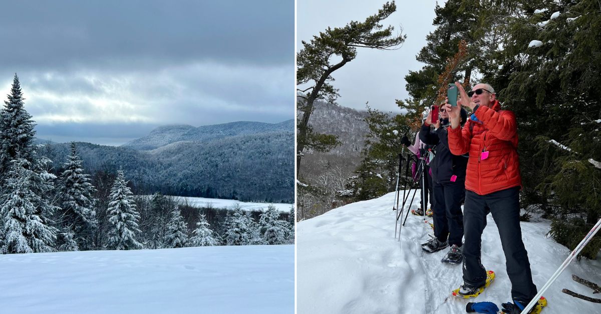 snowshoers taking photos and beautiful winter scenery at garnet hill lodge