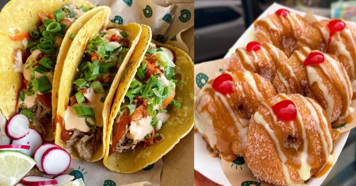 left image of three tacos; right image of six donuts with red jelly