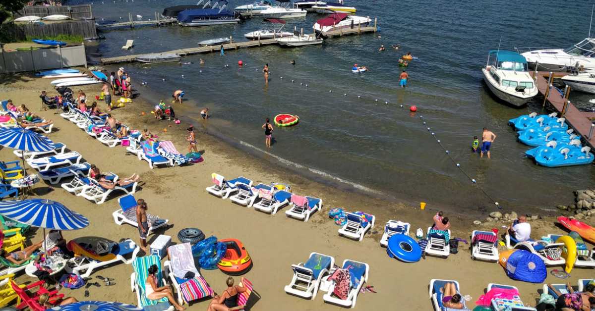 aerial view of chairs and people on a private beach