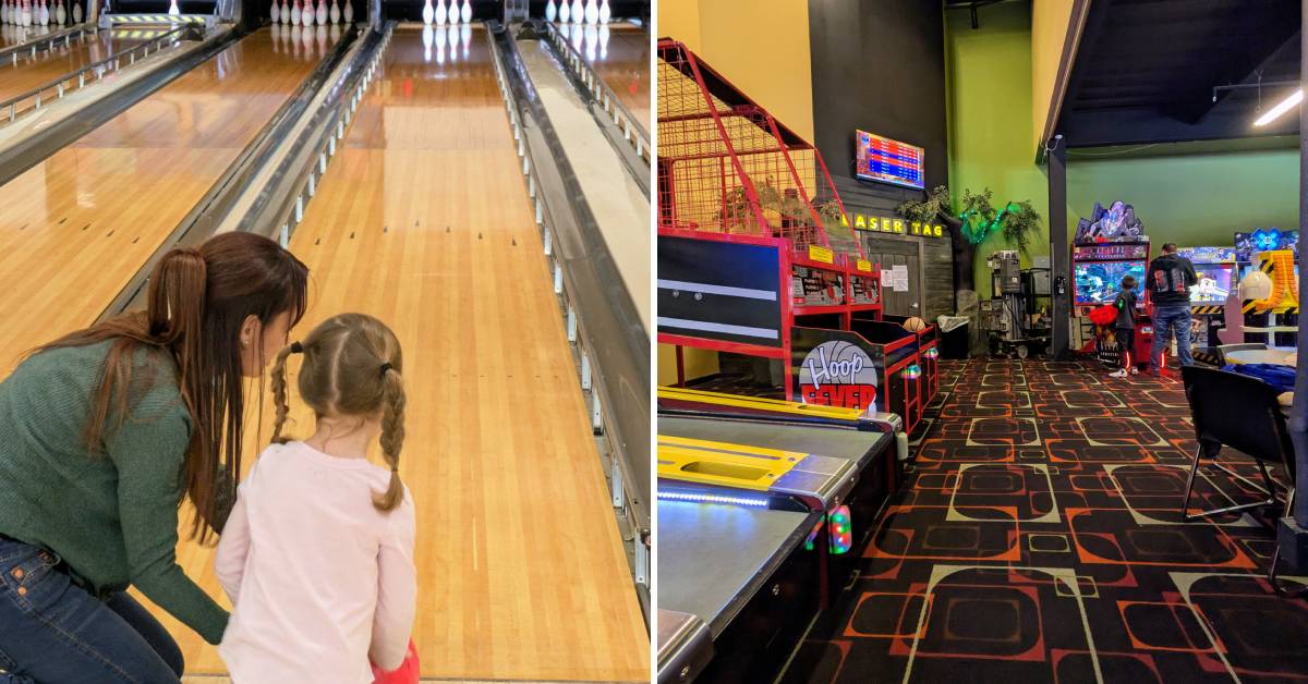 mom and daughter at bowling alley lane on left, arcade area with door to laser tag on right