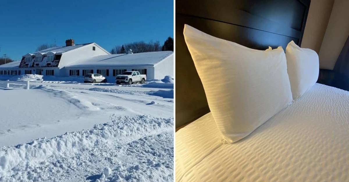 exterior of hotel in the winter on the left, closeup of bed with pillows on the right