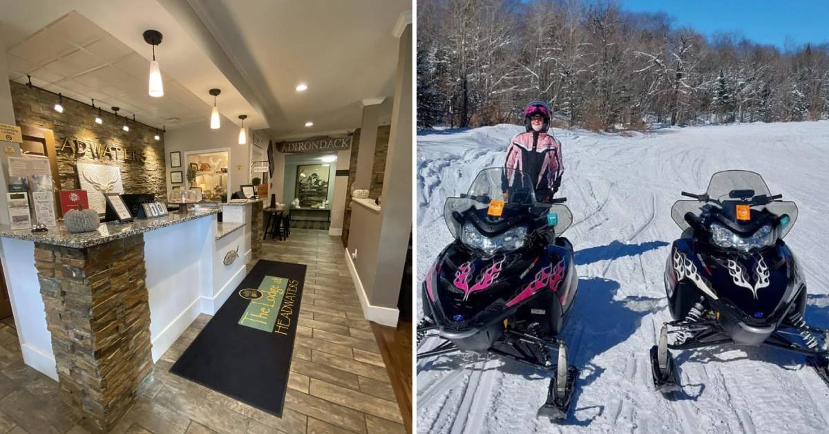 interior of lodge at headwaters on the left, snowmobiles and snowmobiler on the right