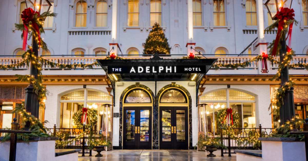 Exterior of the Adelphi Hotel decorated with Christmas items