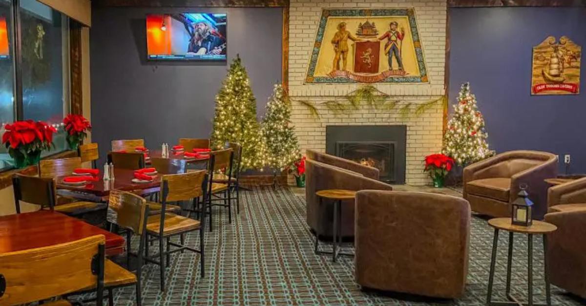 dining area and lounge chairs with Christmas trees