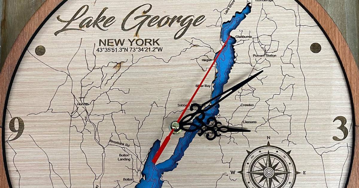 clock with shape of lake george on it