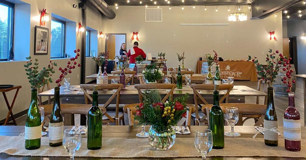 rustic dining area decorated for a holiday party
