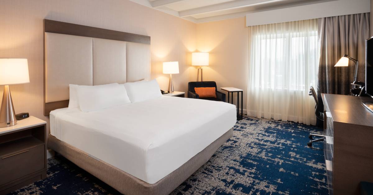 hotel room with a large white bed and blue shaded carpeting