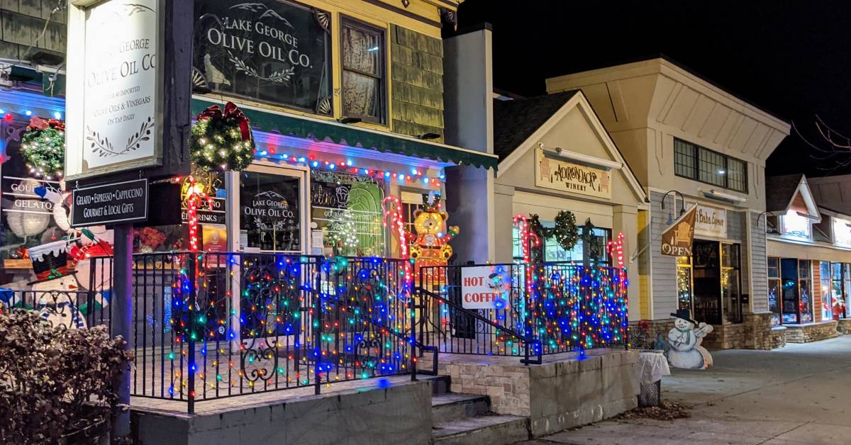 lake george olive oil co and adirondack winery decorated for christmas