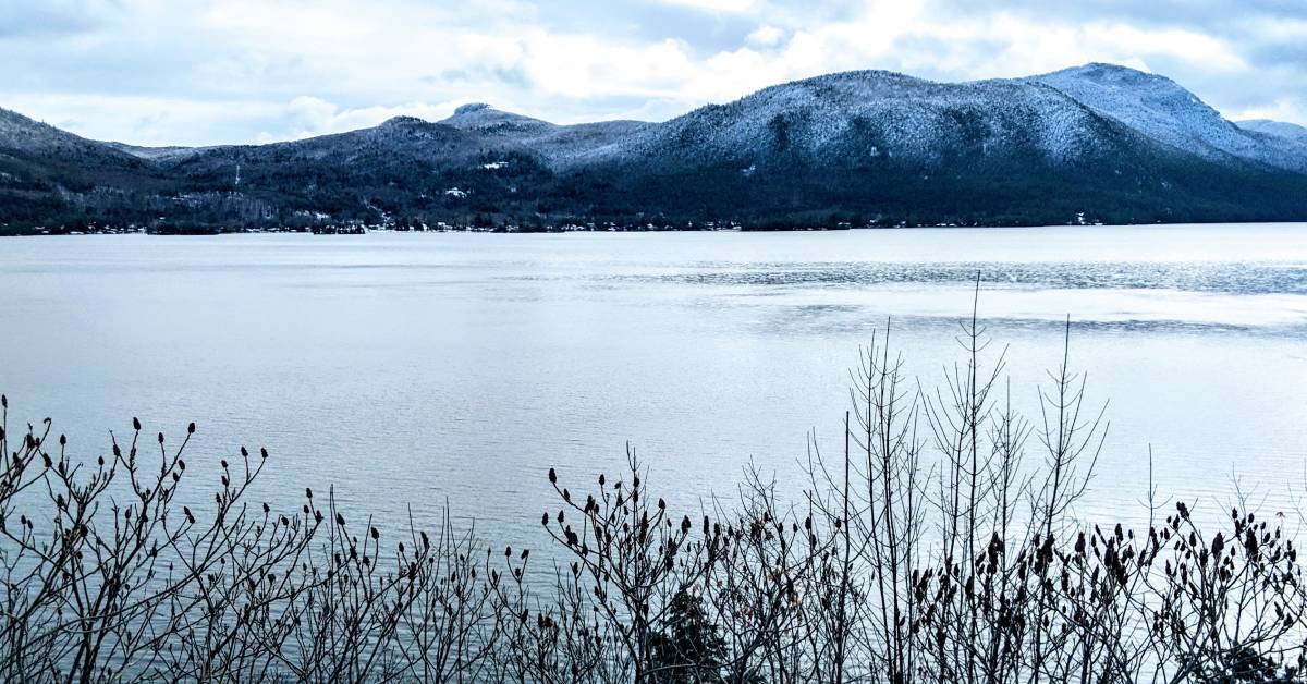 view of lake george in winter from sabbath day point overlook