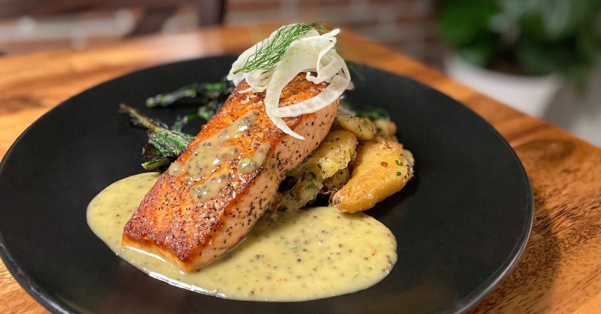 salmon and sauce on plate