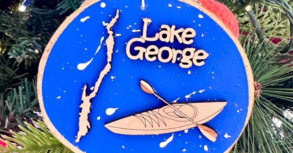lake george ornmanet with shape of lake and kayak