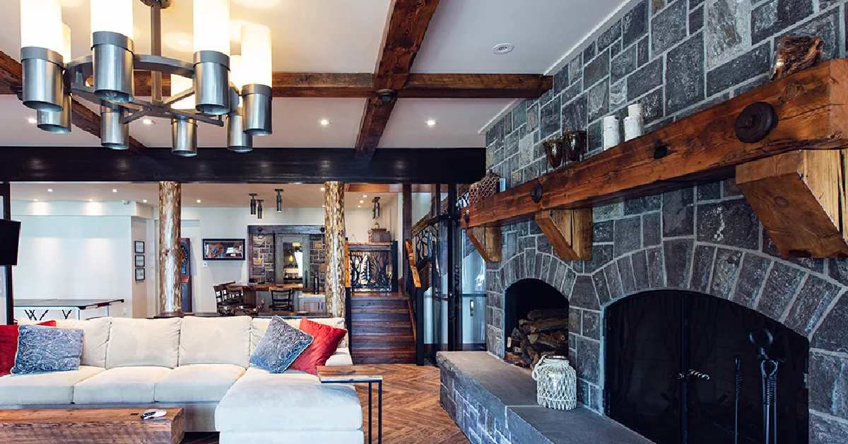 a rustic seating area and fireplace