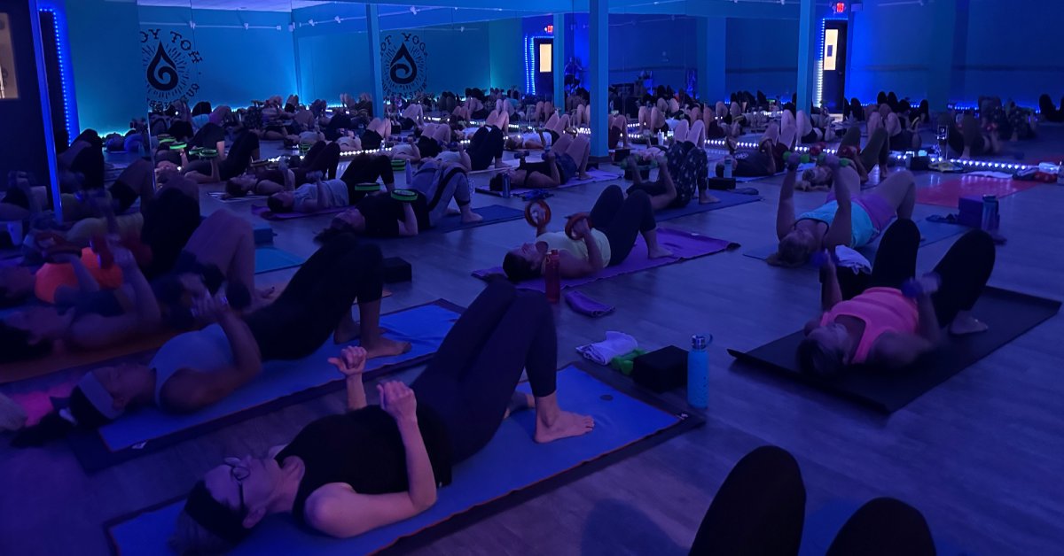 dim purple light in a yoga room