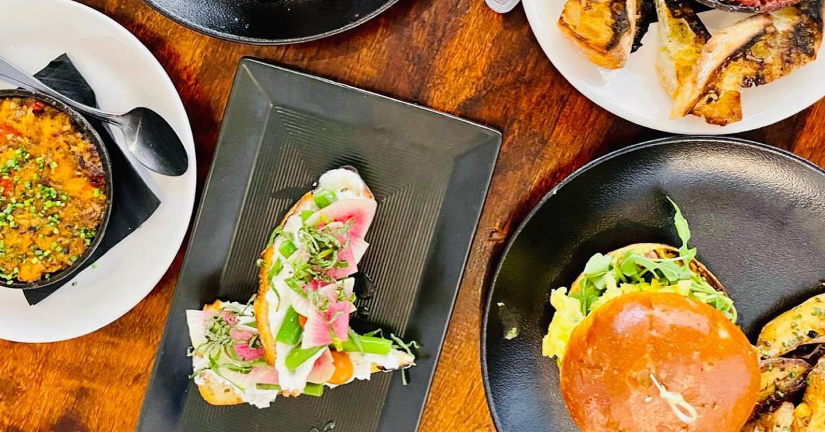 overhead view of lunch food on plates
