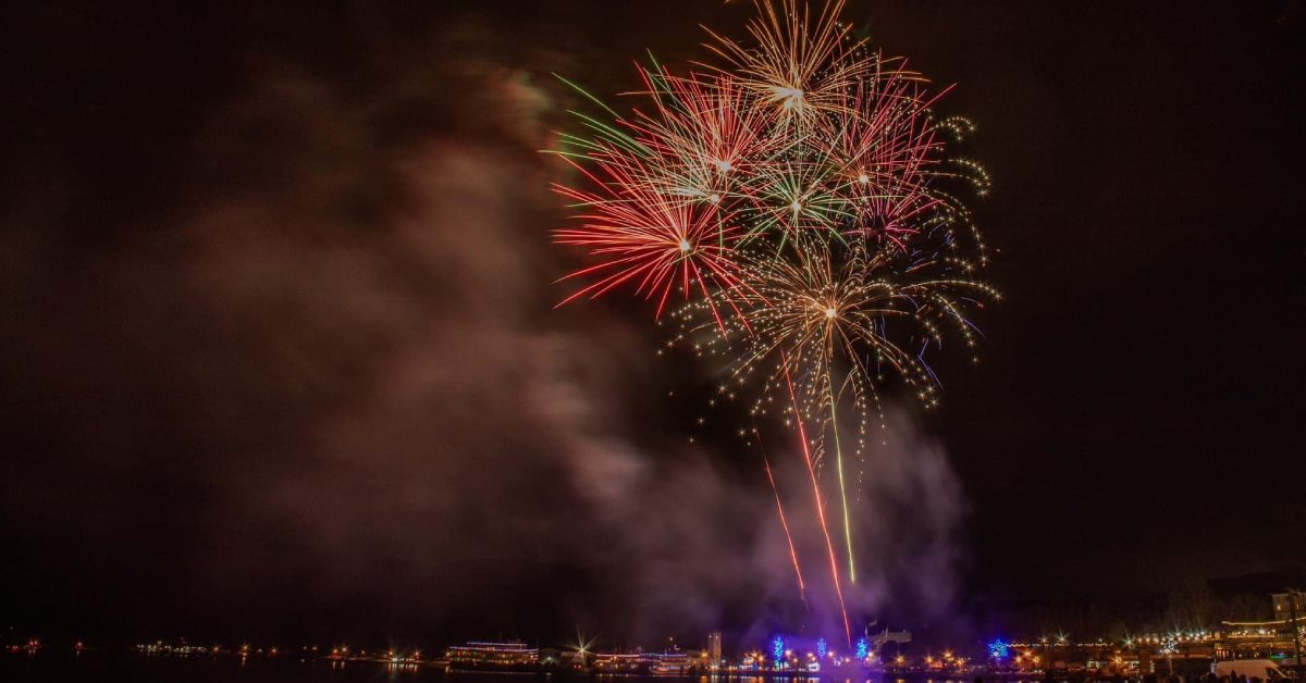 fireworks over a lake at night